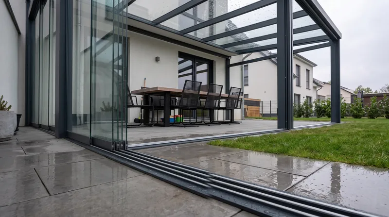 Terrassendach mit halb geöffneter Glas-Schiebewand an der Wetterseite