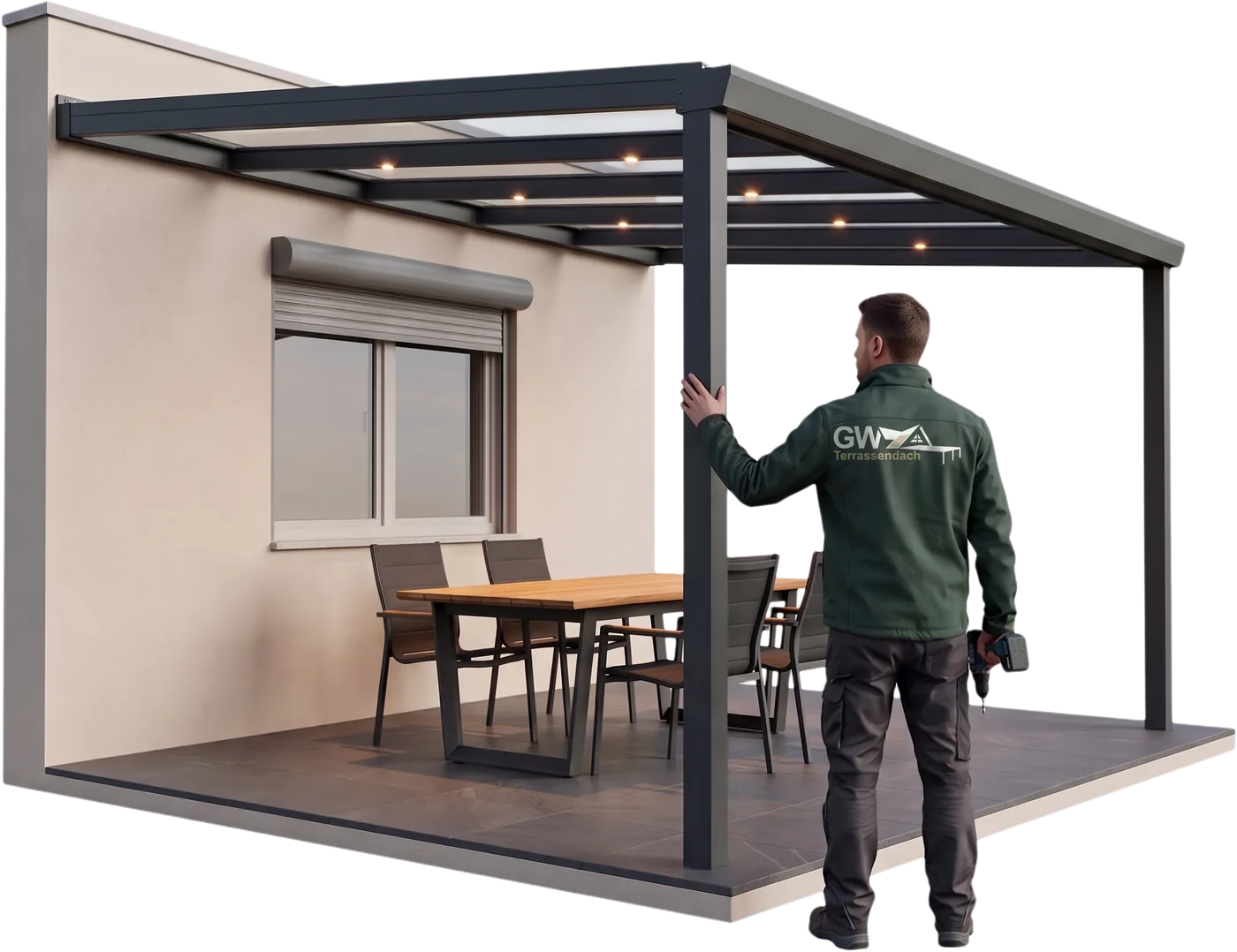 Monteur der GW-Terrassendach.de Outdoor Living GmbH prüft ein anthrazitfarbenes Terrassendach mit Glas und LED-Spots